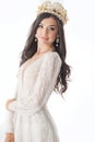 Charming winner of the Miss contest, in a white dress and crown Royalty Free Stock Photo