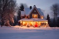 Charming Winter Cottage Surrounded by Snow with Aglow Windows from Warm Candlelight. Generative AI