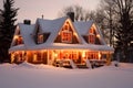 Charming Winter Cottage Surrounded by Snow with Aglow Windows from Warm Candlelight. Generative AI