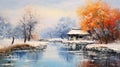 Charming Winter Landscape Painting Of Orange River In Rural China Royalty Free Stock Photo