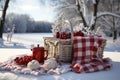 Charming winter picnic scene with a blanket snow and festive basket, hygge concept, AI Generated