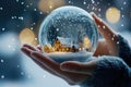 Charming winter snow globe with cozy cabin and falling snowflakes in hands Royalty Free Stock Photo