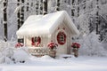 Charming winter wonderland festive christmas cottage with snowy decorations and delicate wreath