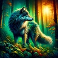 A charming wolf amidst vibrant forest, the gold sunlight filtering through the branches, painting art