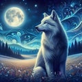 A charming wolf at a whinsical field, with full moon, starry night sky, digital painting art, beautiful, clouds Royalty Free Stock Photo