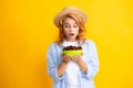 Charming woman with cherry plate isolated on yellow. Royalty Free Stock Photo