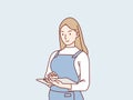 Charming woman waitress wearing an apron holding a tablet record menu simple korean style illustration