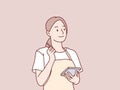 Charming woman waitress wearing an apron holding a taking note menu simple korean style illustration