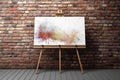 Ai Generative Wooden easel with painting on canvas on brick wall background