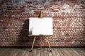 Ai Generative Wooden easel with painting on canvas on brick wall background