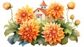 Charming wooden fairy house among orange dahlias and ripe pumpkins, beautiful red roof and brick chimney,garden Royalty Free Stock Photo