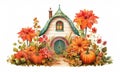 Charming wooden fairy house among orange dahlias and ripe pumpkins, beautiful turquoise roof and brick chimney,garden Royalty Free Stock Photo