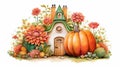 Charming wooden fairy house among orange dahlias and ripe pumpkins, beautiful turquoise roof and brick chimney,garden Royalty Free Stock Photo