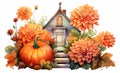 Charming wooden fairy house among orange dahlias and ripe pumpkins, beautiful turquoise roof and brick chimney,garden Royalty Free Stock Photo