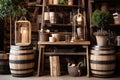 Charming workshop with lush greenery, decorated with antique wine barrels Royalty Free Stock Photo