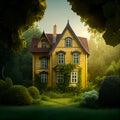 Charming yellow house with wooden windows and green grass. Illustration Generative AI Royalty Free Stock Photo