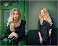 Charming young blonde woman in black blouse posing in front of a green painted door frame. Royalty Free Stock Photo