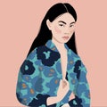 charming young east asian woman with awith a floral kimono. with long dark hair. vector illustration. Royalty Free Stock Photo