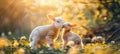 Charming young lamb nuzzling its mother sheep affectionately in a scenic green meadow