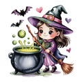 A charming young witch brews a potion in a bubbling cauldronwa Royalty Free Stock Photo