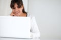 Charming young woman reading on laptop screen Royalty Free Stock Photo