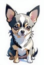 A charmingly vibrant watercolor painting, showcases a delightful merle colored chihuahua, againts a serene white background, dog