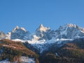 Charmonix - Scenic view of white snowcapped mountain peaks in Charmonix, French Alps, France, Europe Royalty Free Stock Photo