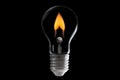 Charred burning match inside a light bulb on black Royalty Free Stock Photo