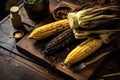 charred corn with grill marks on a rustic wooden table