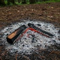 Charred logs smolder in a campfire pit, surrounded by a layer of white ash on the Royalty Free Stock Photo