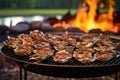 charred oysters on a grill with beach fire pit in background