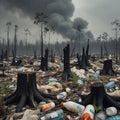 Charred tree stumps and littered plastic debris cover a desolate deforested landscape. Royalty Free Stock Photo