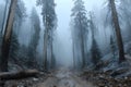 Charred trees standing in a desolate forest landscape after a wildfire, with ash-covered ground and a hazy sky filled with Royalty Free Stock Photo