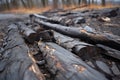 charred wood pieces, aftermath of a forest fire