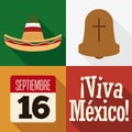 Charro Hat, Hidalgo`s Bell and Calendar to Celebrate Mexican Independence Day, Vector Illustration