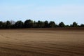 Freshly ploughed light brown farm land with pine forest in the distance Royalty Free Stock Photo