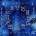 Chart with circle of zodiac signs in blue and gold colors