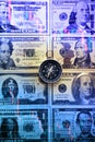 Chart graph spreadsheet on US dollar banknotes money with compass. Choosing the direction Royalty Free Stock Photo