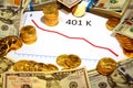 Chart of 401k going down falling with money and gold Royalty Free Stock Photo