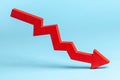 Chart with red down arrow on blue background. Falling growth in business. Royalty Free Stock Photo