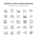 Chart types flat line icons. Linear graph, column, pie diagram, financial report vector illustrations, infographic. Thin