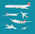 Charter flat airplane in various point of view. Civil aircraft journey and aviation vector symbols isolated