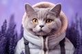 Chartreux Cat Dressed As An Astronaut On Lavender Color Background