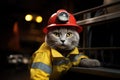 Chartreux Cat Dressed As A Fireman At Work