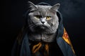 Chartreux Cat Dressed As A Wizard On Black Background