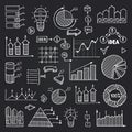 Charts, data graphs and other infographics elements isolate on black chalkboard. Vector pictures set