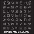 Charts and diagrams editable line icons vector set on black background. Charts and diagrams white outline illustrations Royalty Free Stock Photo