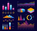Charts, diagrams and graphs colorful vector illustrations set. Dot, pie and dots bright neon charts collection Royalty Free Stock Photo