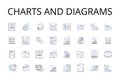 Charts and diagrams line icons collection. Numbers figures, Maps blueprints, Facts statistics, Information data, Numbers