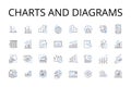 Charts and diagrams line icons collection. Numbers figures, Maps blueprints, Facts statistics, Information data, Numbers